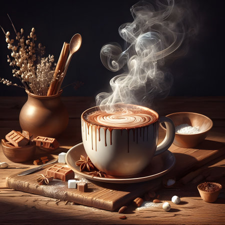Cocoa cup on wooden table with steaming hot cocoaの素材