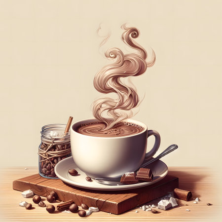 Cocoa cup on wooden table with steaming hot cocoaの素材