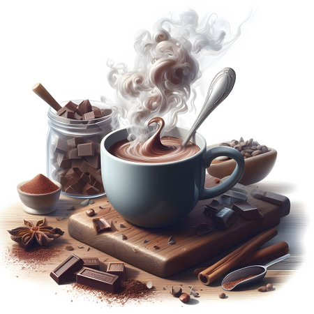 Hyper realistic steaming hot chocolate with cup on wooden tableの素材