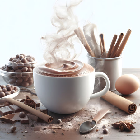 Hyper realistic steaming hot chocolate with cup on wooden tableの素材