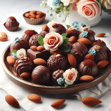 Elegant chocolate almond truffles with beautiful decorationsの素材