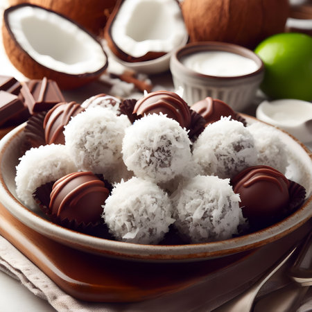 Delicious coconut chocolate truffles on plateの素材