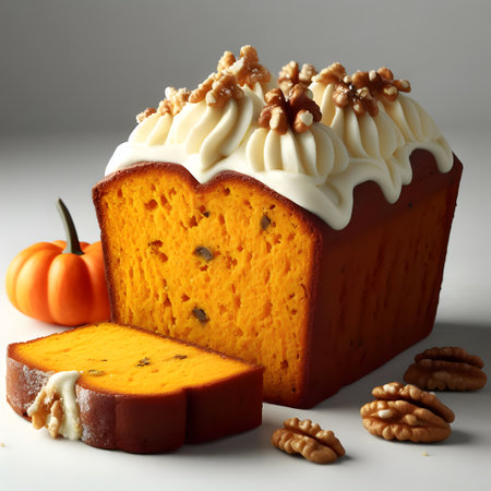 Delicious pumpkin bread with mouthwatering cream cheese frostingの素材