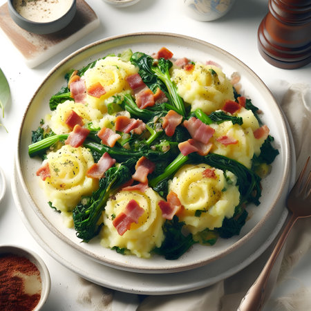 Colcannon on designed plate with mashed potatoes and sauteed greensの素材