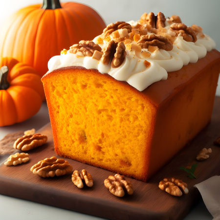 Delicious pumpkin bread with mouthwatering cream cheese frostingの素材