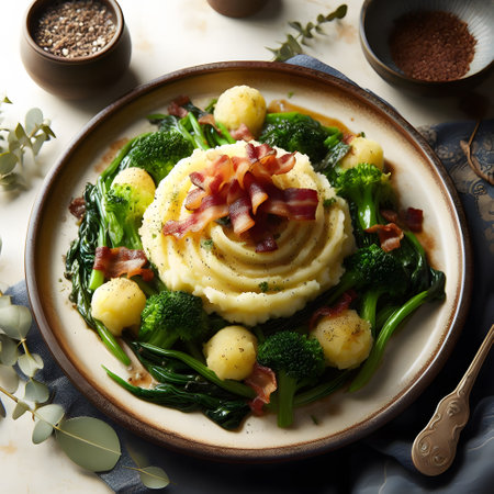 Colcannon on designed plate with mashed potatoes and sauteed greensの素材