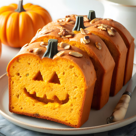 Homemade pumpkin shaped bread with yummy slice of breadの素材