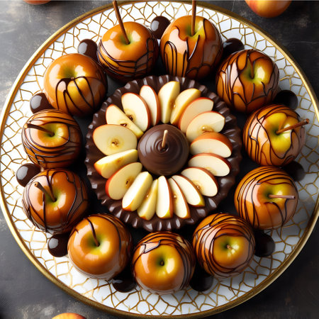 Tasty caramel apple decoration on designed plateの素材