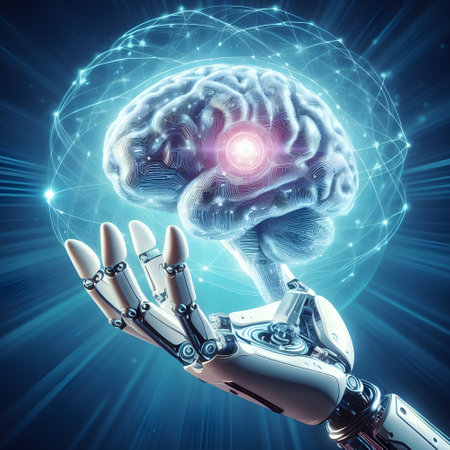 High tech medical device with robotic hand holding brain in futuristic AI experimentの素材