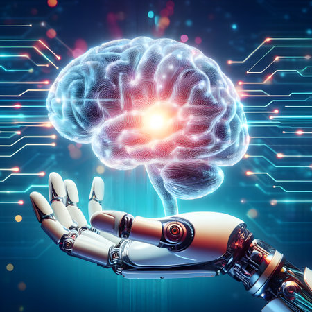High tech medical device with robotic hand holding brain in futuristic AI experimentの素材