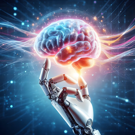 High tech medical device with robotic hand holding brain in futuristic AI experimentの素材