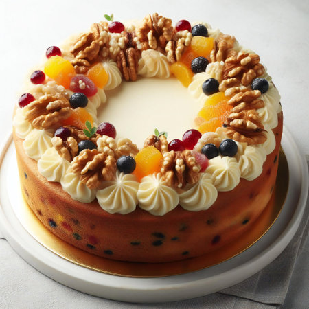 Delicious circle shape fruitcake with cream cheese frostingの素材