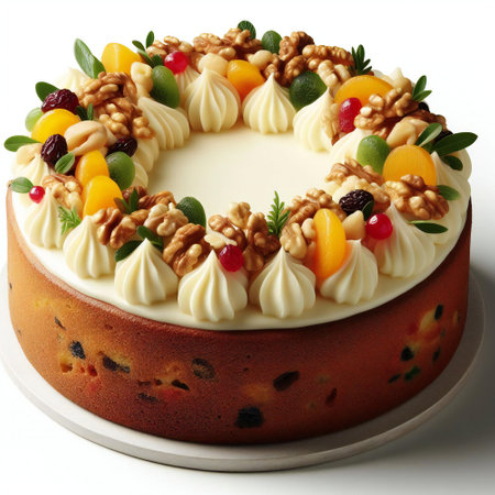 Delicious circle shape fruitcake with cream cheese frostingの素材