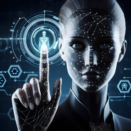Futuristic connection with human index finger with icon artificial intelligenceの素材