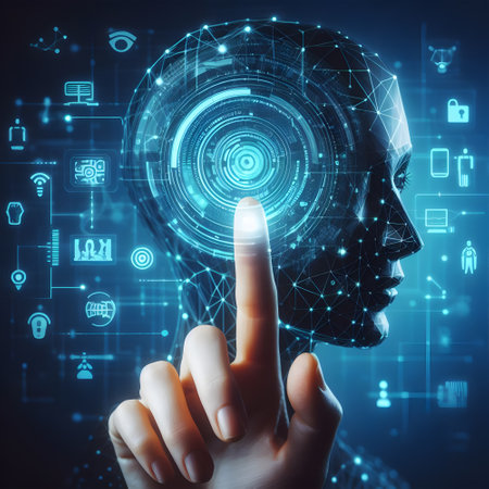 Futuristic connection with human index finger with icon artificial intelligenceの素材