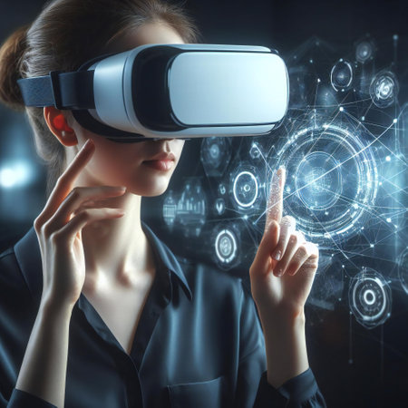 women in VR headset explores innovation and 3D technology for futuristic worldの素材