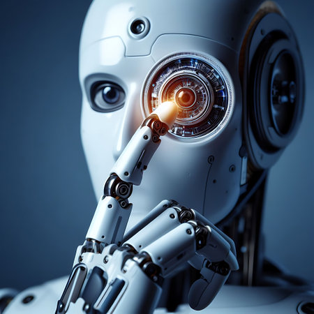 Robots sensory interaction AI with holds a hand near the eyeの素材