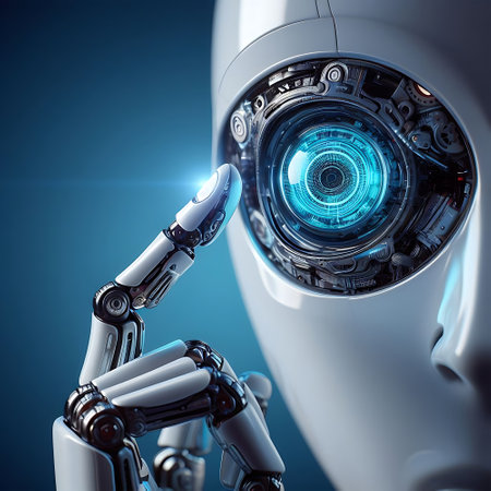 Robots sensory interaction AI with holds a hand near the eyeの素材