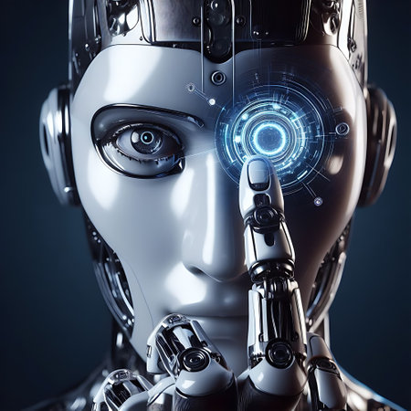 Robots sensory interaction AI with holds a hand near the eyeの素材