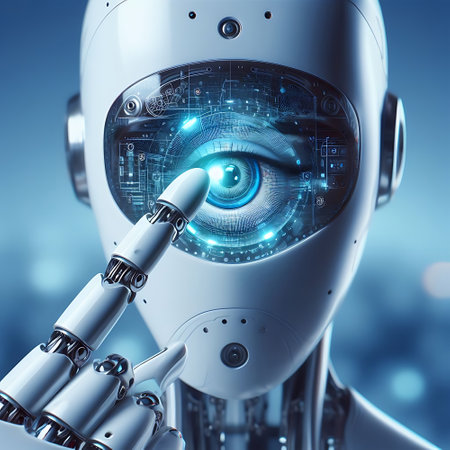 Robots sensory interaction AI with holds a hand near the eyeの素材
