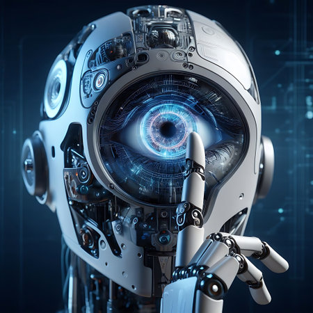 Robots sensory interaction AI with holds a hand near the eyeの素材