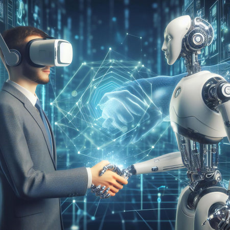 Virtual reality image with handshake between human and robot reflects developing technologyの素材