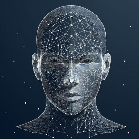 Virtual reality image seamlessly blends triangle line art human face and AI Dot conceptの素材