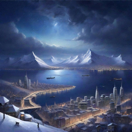 Snowy mountains overlooking the city by the sea at nightの素材