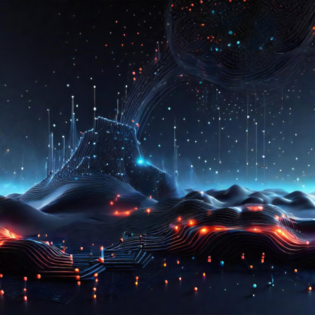 Futuristic landscape in pixels with starry backgroundの素材