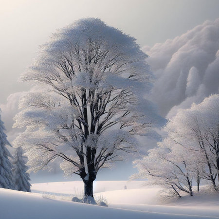 Sentinels of winter with snow laden trees in a hushed landscapeの素材