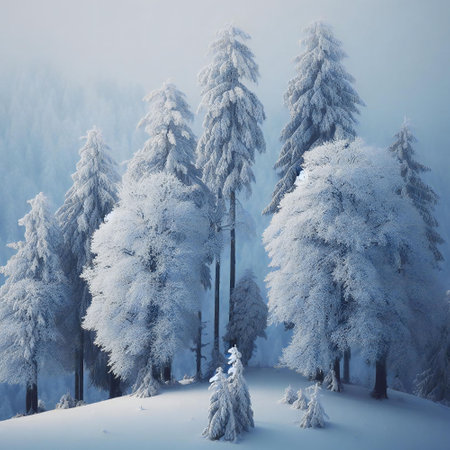 Tranquil wonders with snow covered trees in a winter sceneの素材