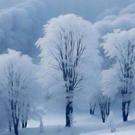 Winter magic with snow laden trees against a hushed backdropの素材