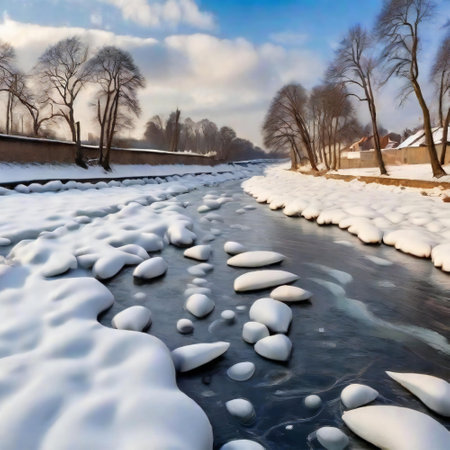 Snowy serenity with frozen river wonderlandの素材