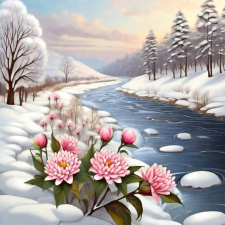 Winters bloom with snowy river and delicate flowersの素材