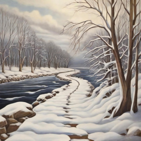 Snowy river path in winters tranquil embraceの素材
