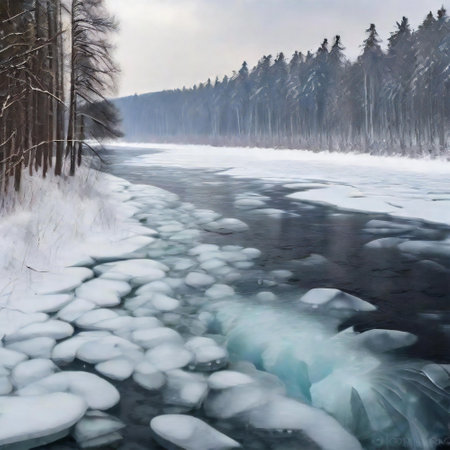 Winter reflections on a frozen river with cold natureの素材