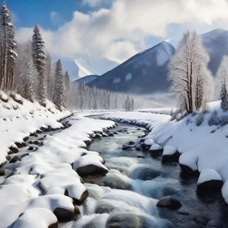 Snowy peaks and serene waters with winter mountain magicの素材