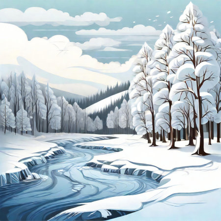 Winters embrace with snowy forest and ice riverの素材