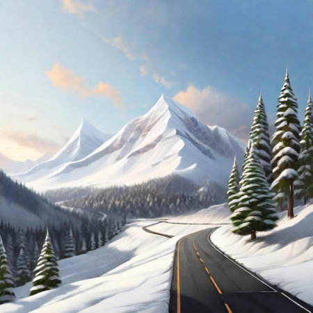 Snowy mountain drive into pine forest adventure in winter wonderlandの素材