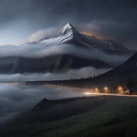 Foggy night mountain view with natural sceneryの素材