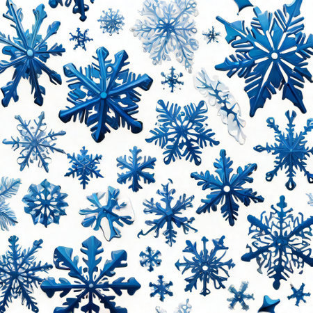 Serene winter design comes to life with a set of delicate blue snowflakes on white backgroundの素材