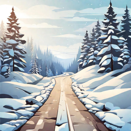 Winding road meanders through the heart of the snowy forestの素材