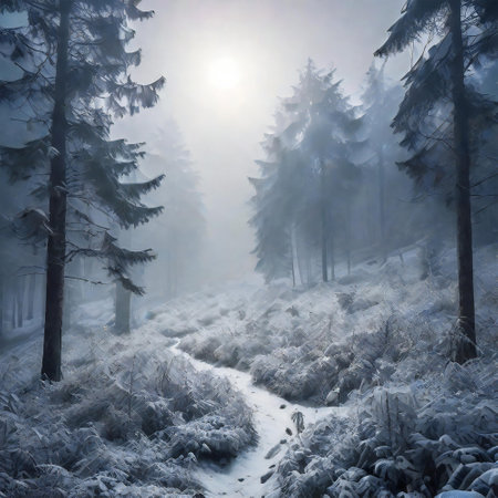 Snow covered trees stand like silent sentinels in the wintry darknessの素材