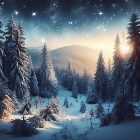 Lightful snowy landscape and beautiful pine trees captured in natural winter wallpaperの素材