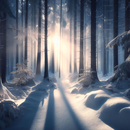 Morning frost delicately blankets the woodland creating a scenic beauty of a winter morningの素材