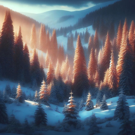 winter scene featuring a lightful snowy landscape and beautiful pine trees in this winter wallpaperの素材