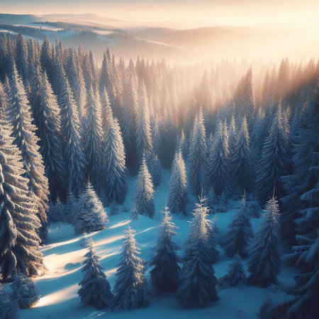 Natural winter wallpaper of a lightful snowy landscape with beautiful pine treesの素材
