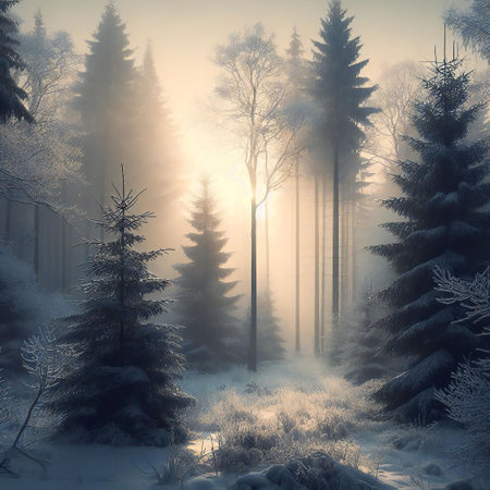 Morning brings a snowy landscape transforming the surroundings into a tranquil sceneの素材