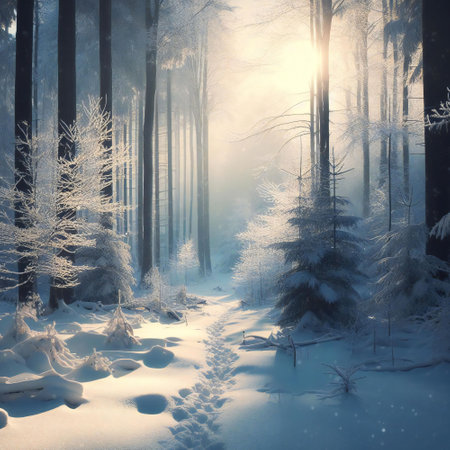 Frozen trees silhouette the snowy backdrop creating a mesmerizing winter scene captivates allの素材