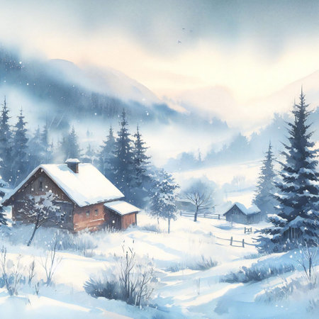Watercolor painting design with snowy hills and trees are brought to life in the artistic creationの素材
